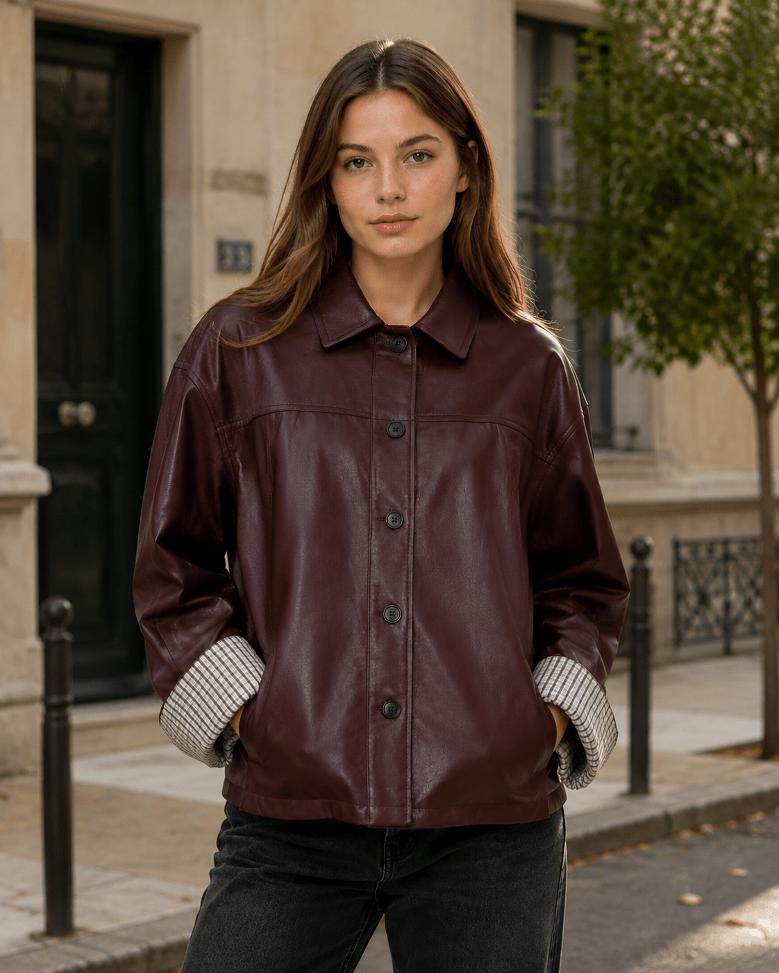 Women's Plaid Patchwork Jacket Oversized PU Leather Collar Button Up Casual Autumn Coat - Edin London