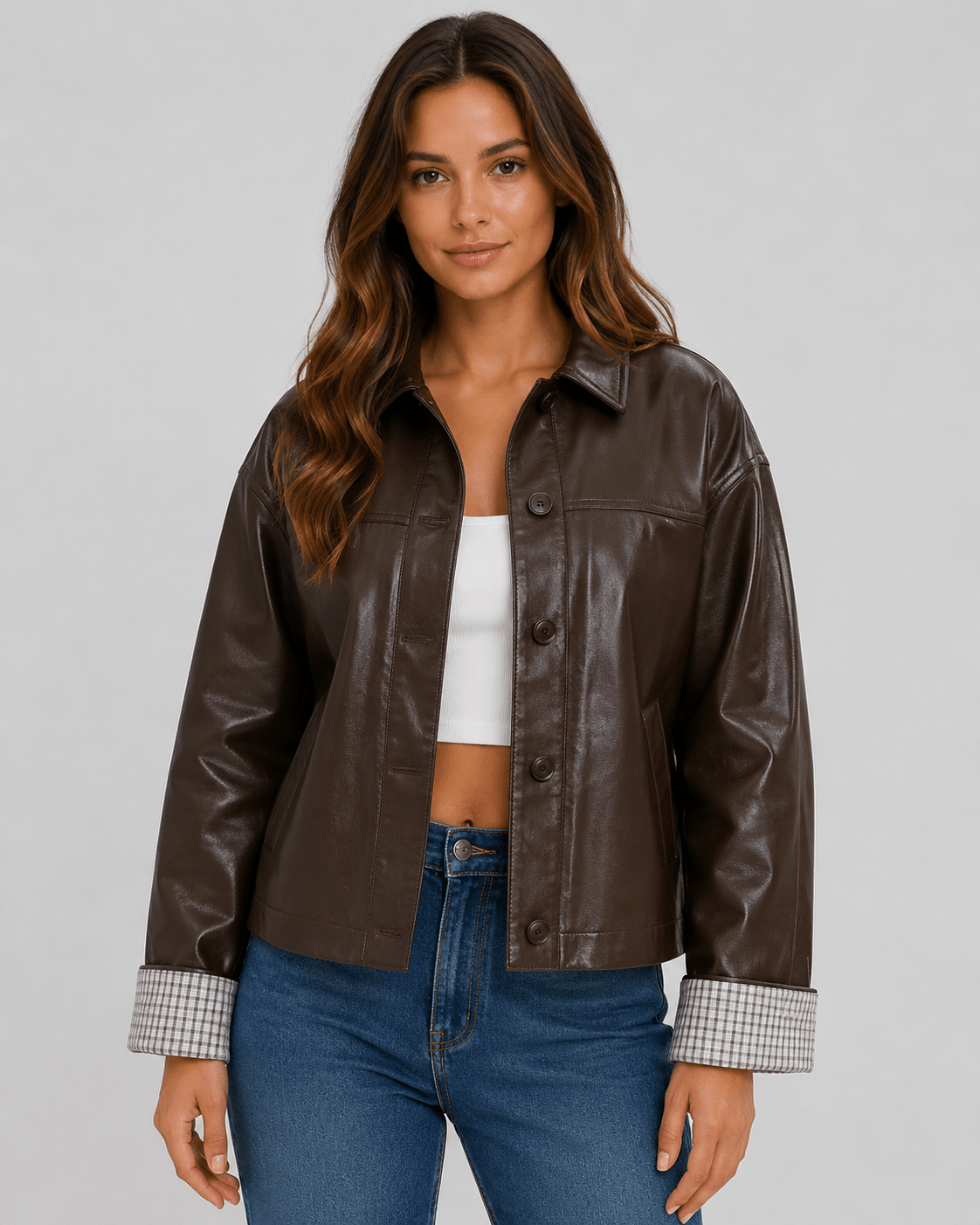 Women's Plaid Patchwork Jacket Oversized PU Leather Collar Button Up Casual Autumn Coat - Edin London