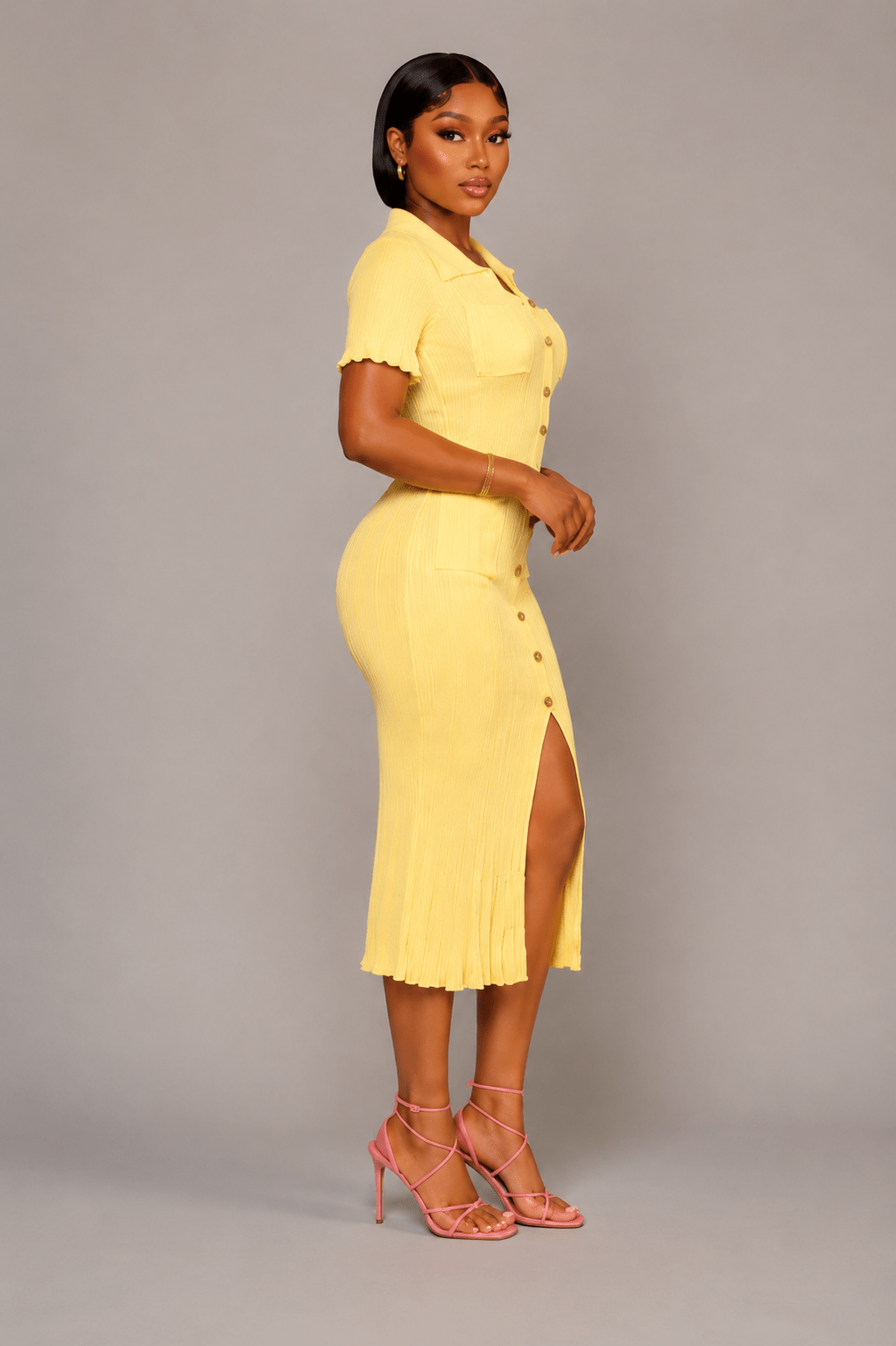 Women's Pleated Knit Maxi Shirt Dress | Collared Button-Up Midi Dress with Side Slit - Edin London