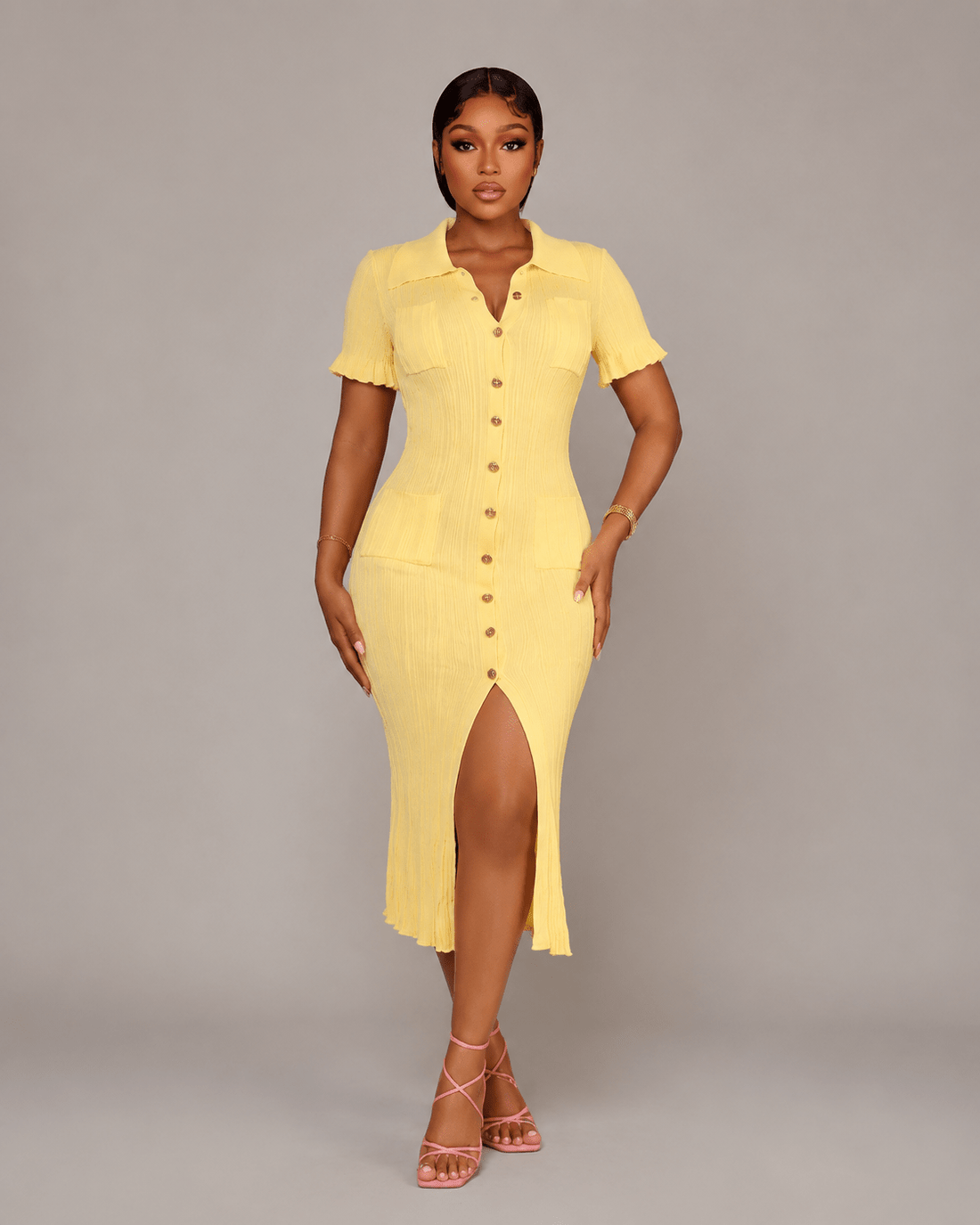 Women's Pleated Knit Maxi Shirt Dress | Collared Button-Up Midi Dress with Side Slit - Edin London
