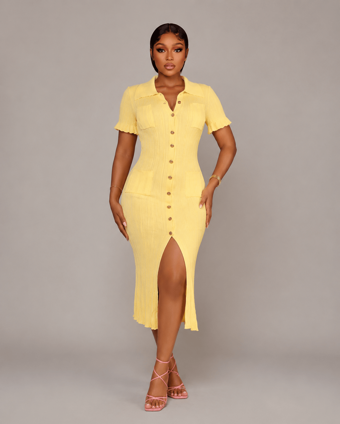 Women's Pleated Knit Maxi Shirt Dress | Collared Button-Up Midi Dress with Side Slit - Edin London