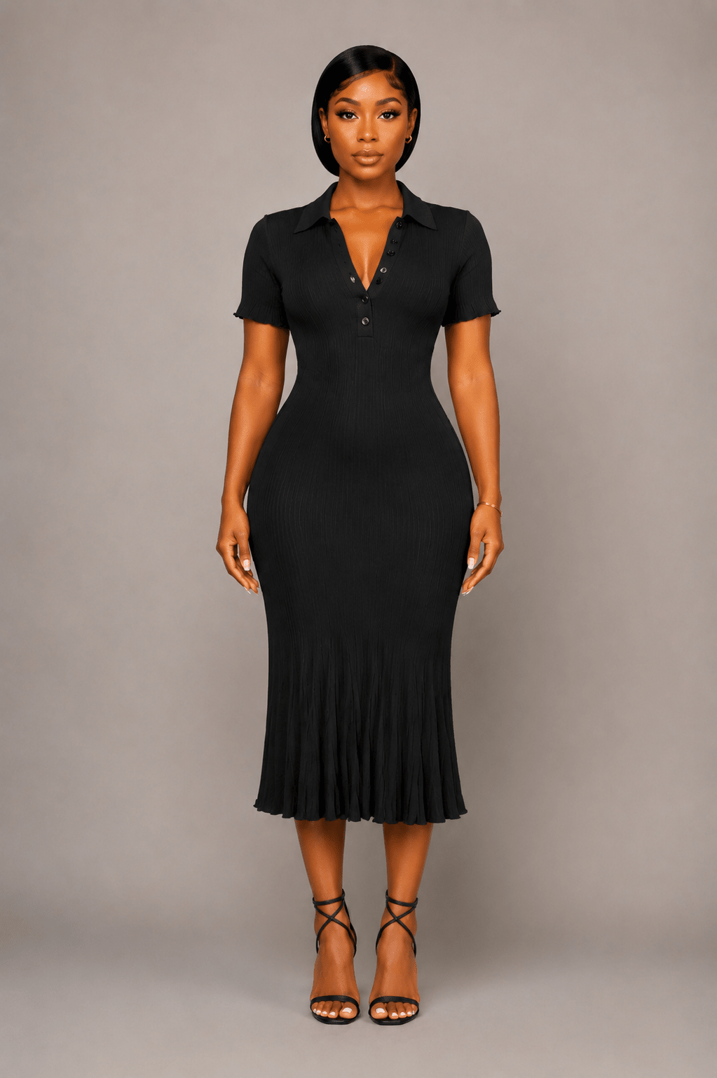 Women's Pleated Knit Maxi Shirt Dress | Collared Button-Up Midi Dress with Side Slit - Edin London