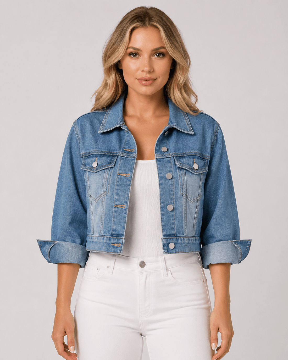 Women's Plus Size Denim Jacket Button Front with Turn Down Collar & Front Pockets - Edin London