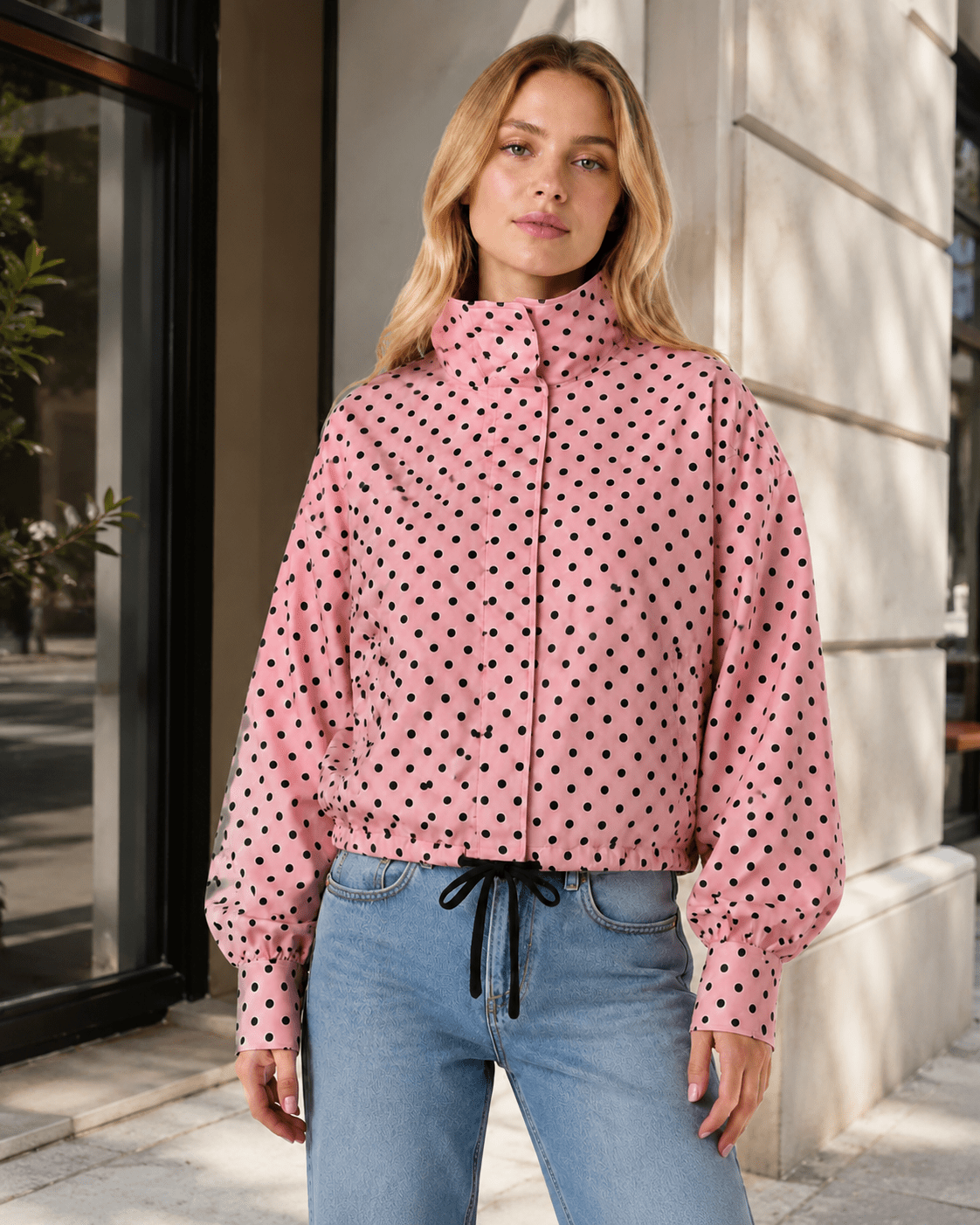 Women's Polka Dot Bomber Jacket Lightweight Zip-Up Casual Streetwear Jacket - Edin London
