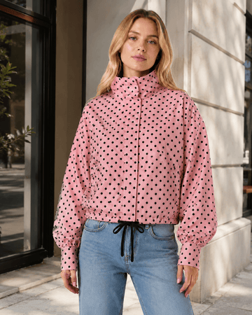 Women's Polka Dot Bomber Jacket Lightweight Zip-Up Casual Streetwear Jacket - Edin London