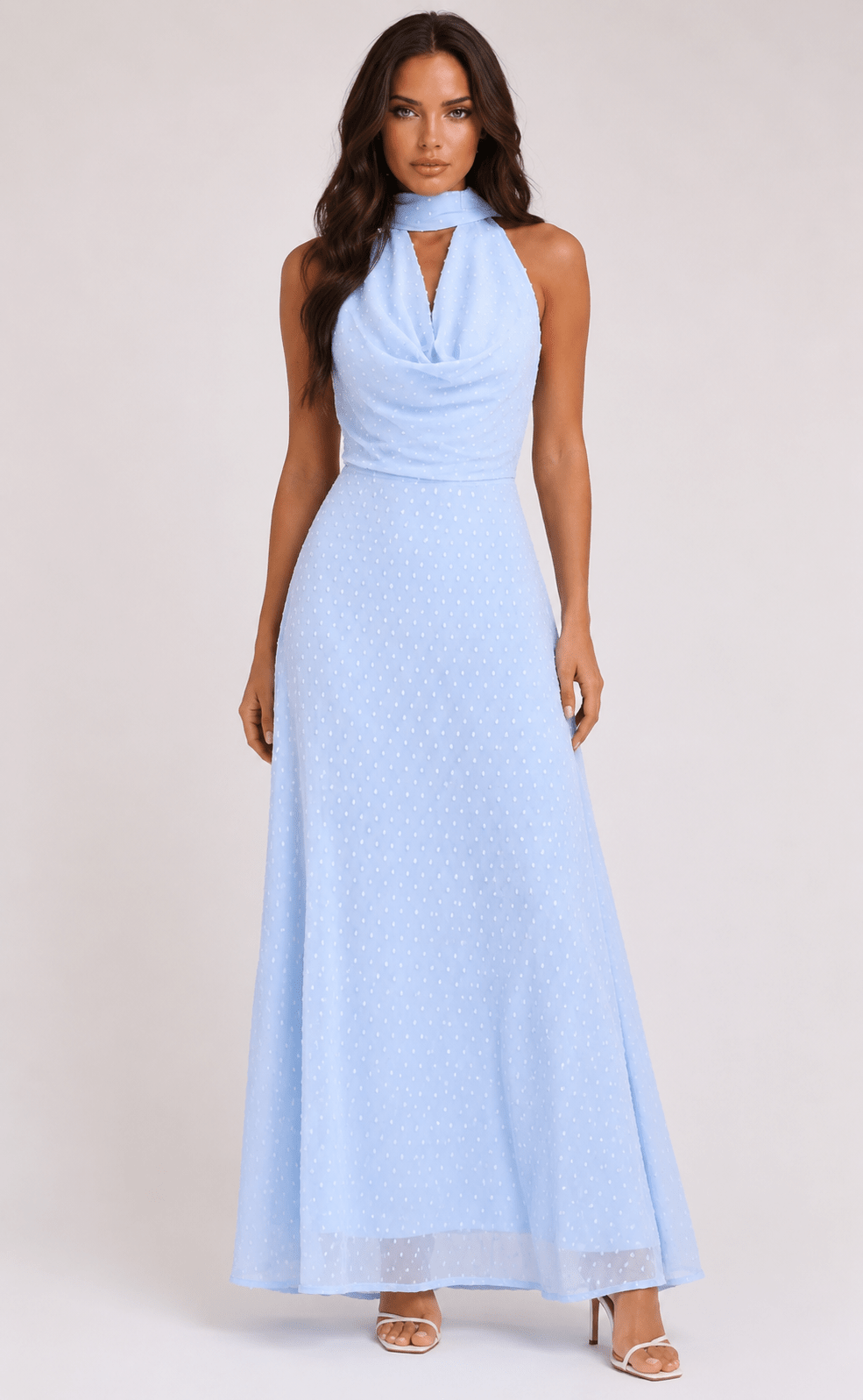 Women's Polka Dot Halter Maxi Dress Elegant Backless Tie Back Prom, Wedding Guest & Summer Occasion Dress - Edin London