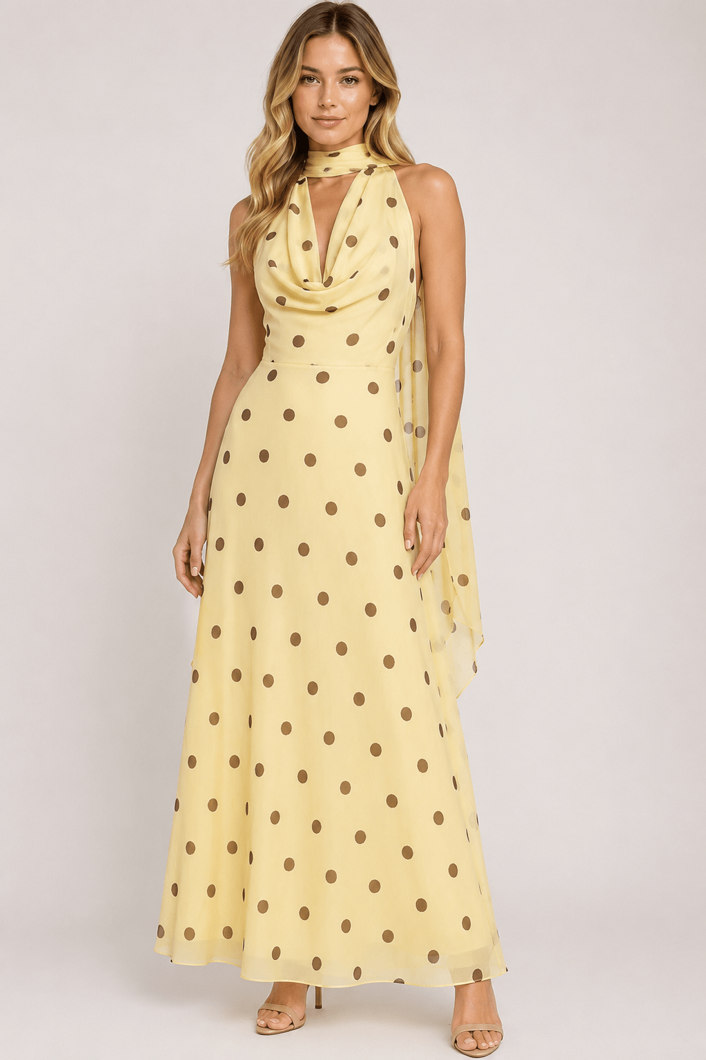 Women's Polka Dot Halter Maxi Dress Elegant Backless Tie Back Prom, Wedding Guest & Summer Occasion Dress - Edin London