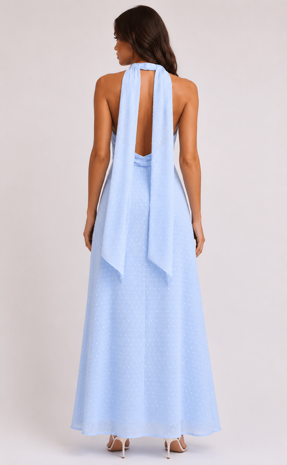 Women's Polka Dot Halter Maxi Dress Elegant Backless Tie Back Prom, Wedding Guest & Summer Occasion Dress - Edin London