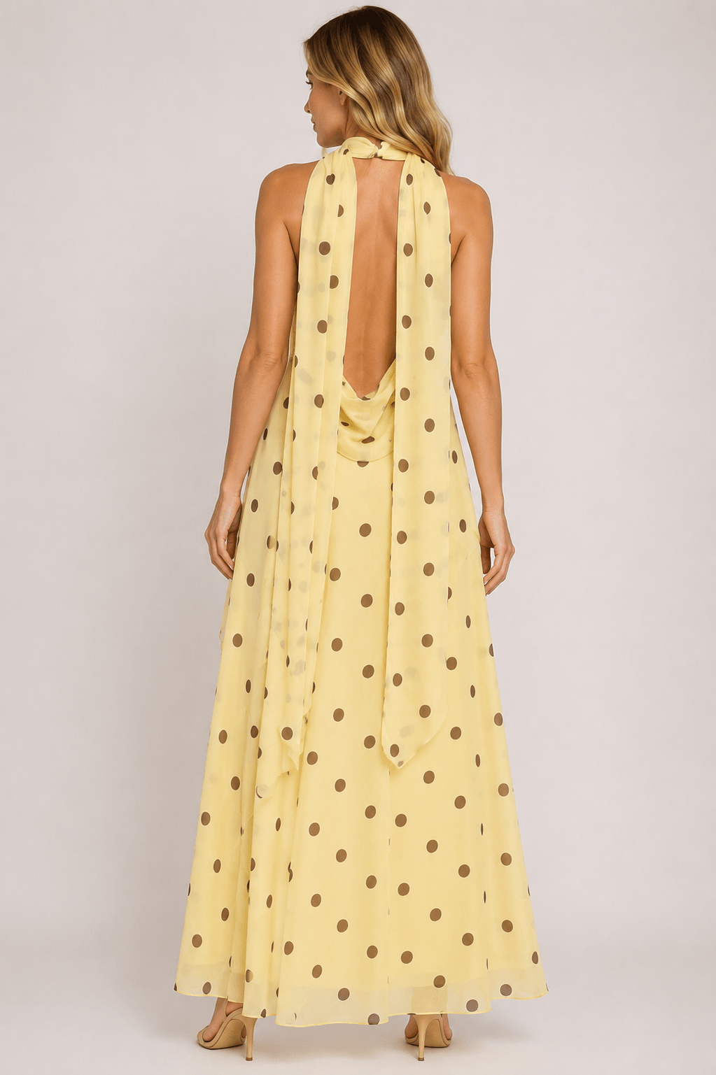 Women's Polka Dot Halter Maxi Dress Elegant Backless Tie Back Prom, Wedding Guest & Summer Occasion Dress - Edin London