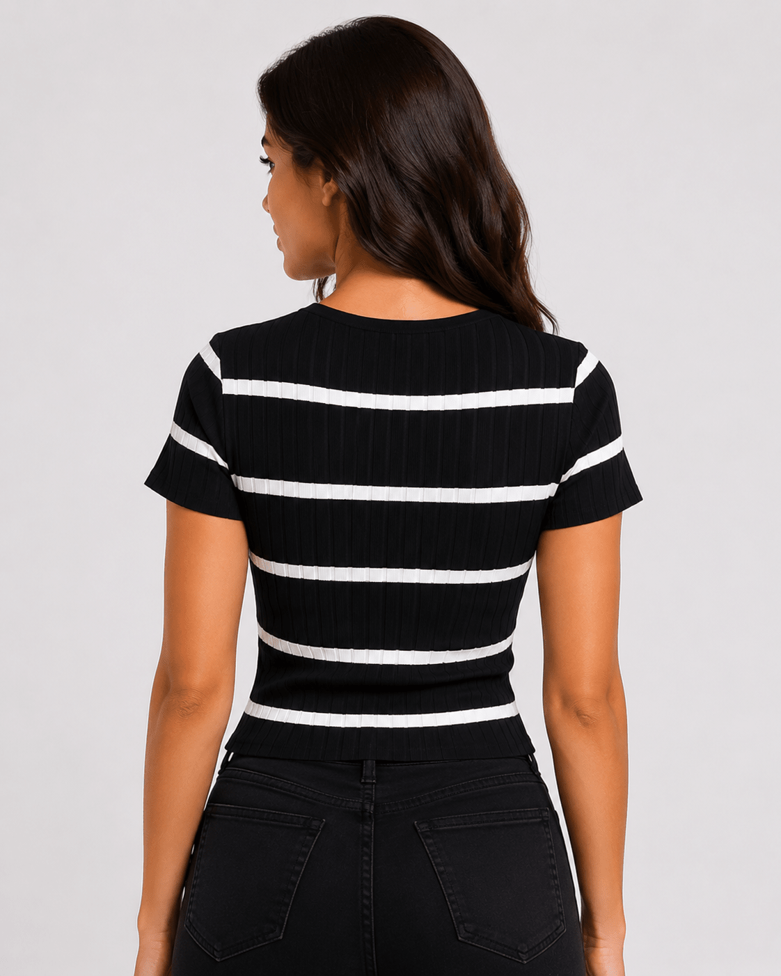 Women's Ribbed Crew Neck T-Shirt Slim Fit Textured Casual Everyday Top - Edin London
