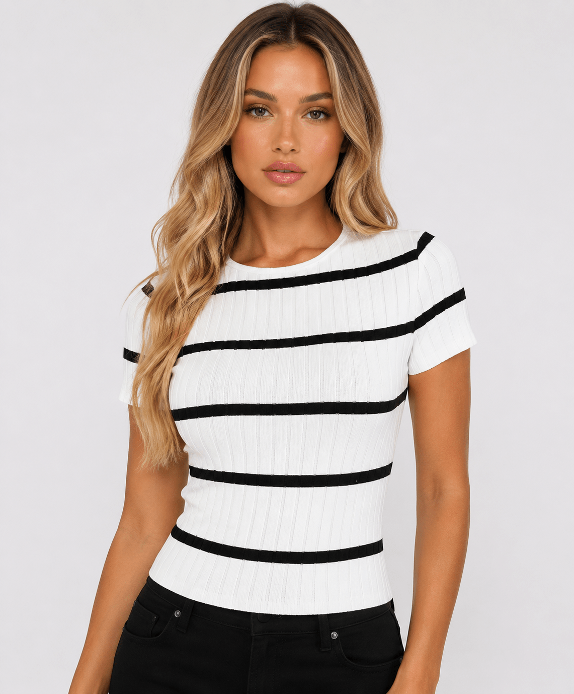 Women's Ribbed Crew Neck T-Shirt Slim Fit Textured Casual Everyday Top - Edin London