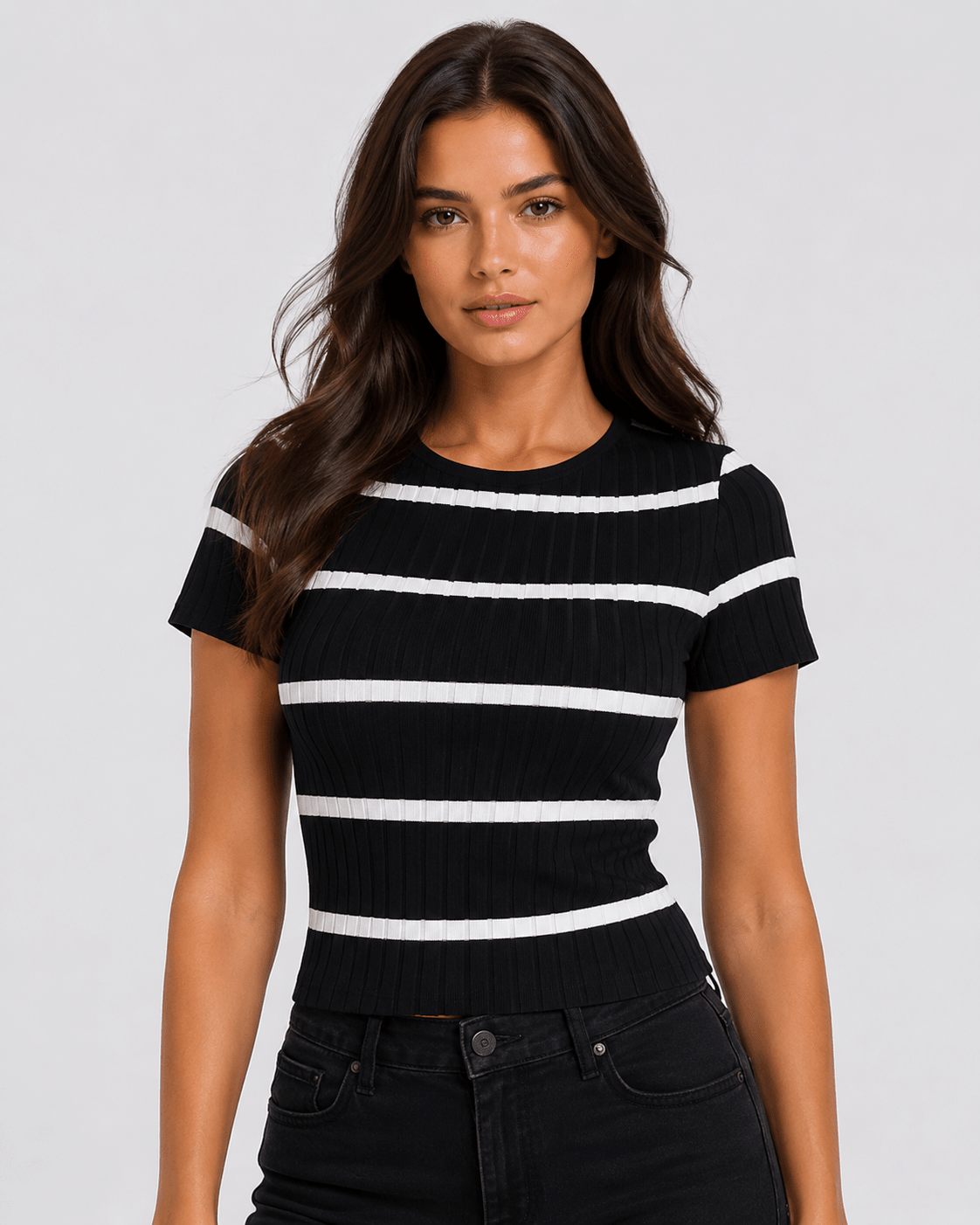 Women's Ribbed Crew Neck T-Shirt Slim Fit Textured Casual Everyday Top - Edin London