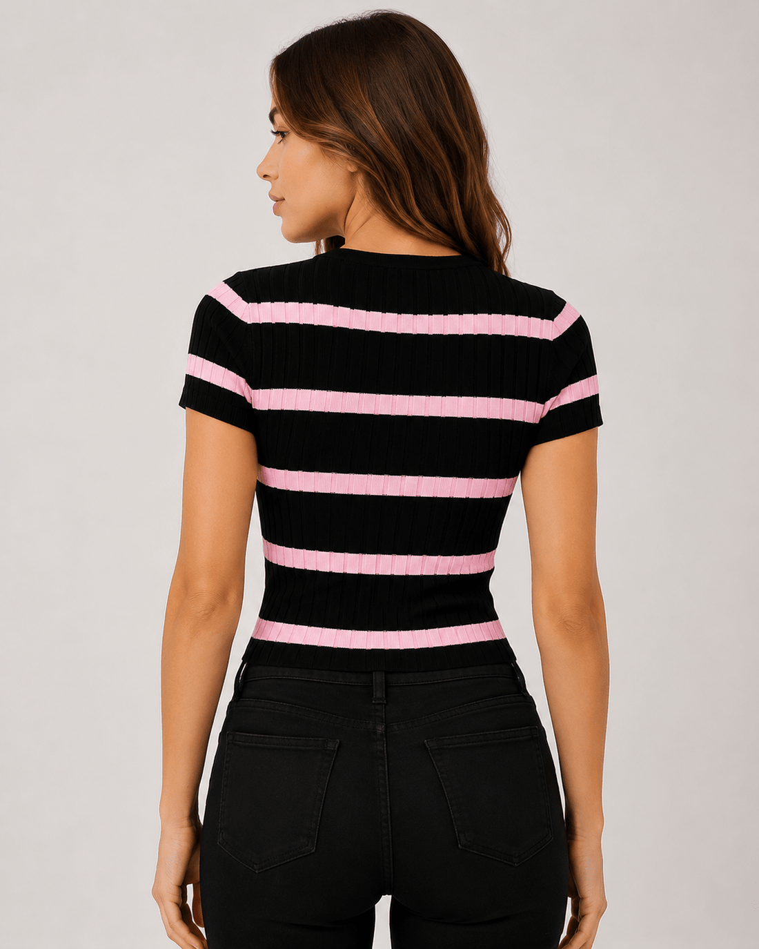 Women's Ribbed Crew Neck T-Shirt Slim Fit Textured Casual Everyday Top - Edin London