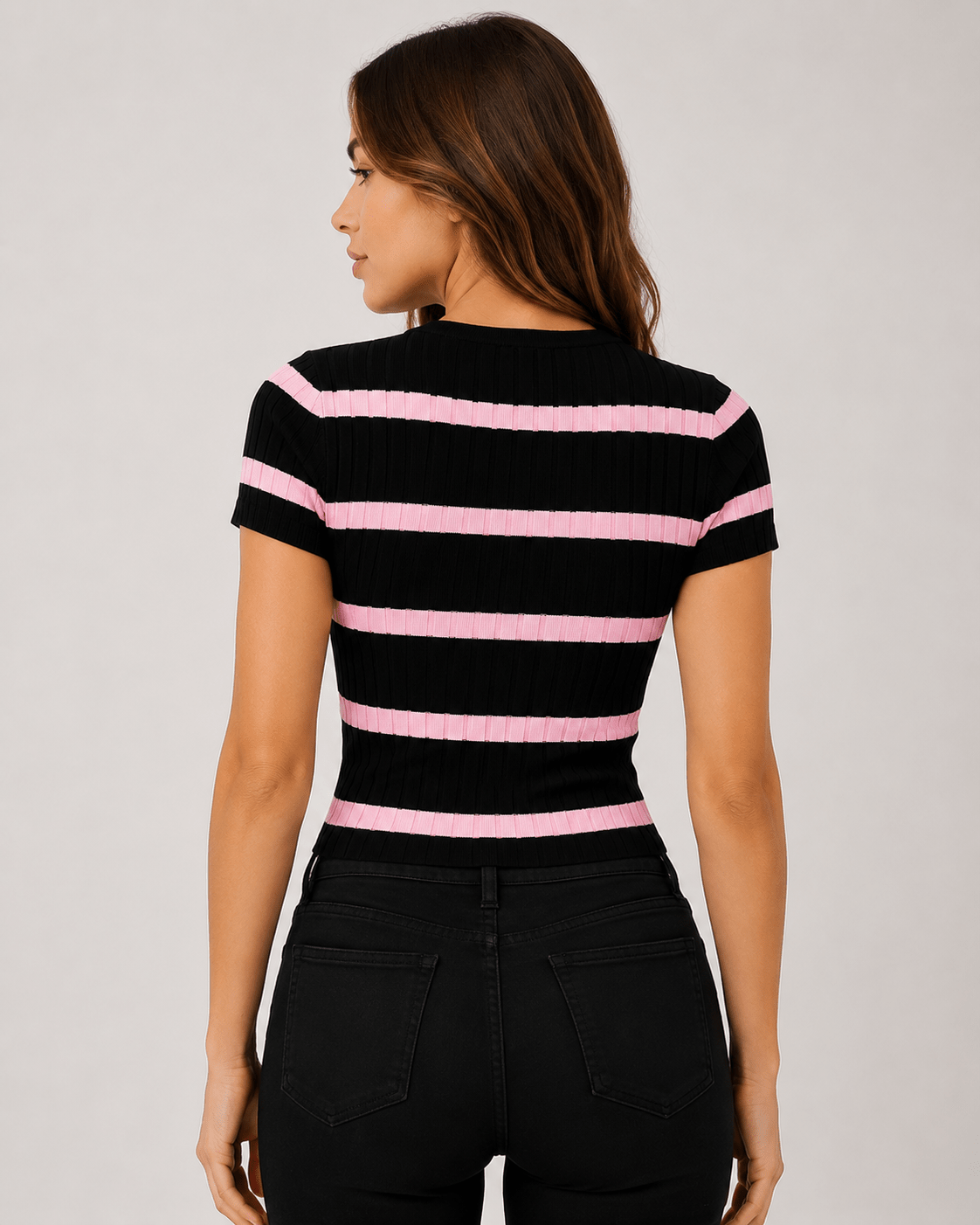 Women's Ribbed Crew Neck T-Shirt Slim Fit Textured Casual Everyday Top - Edin London