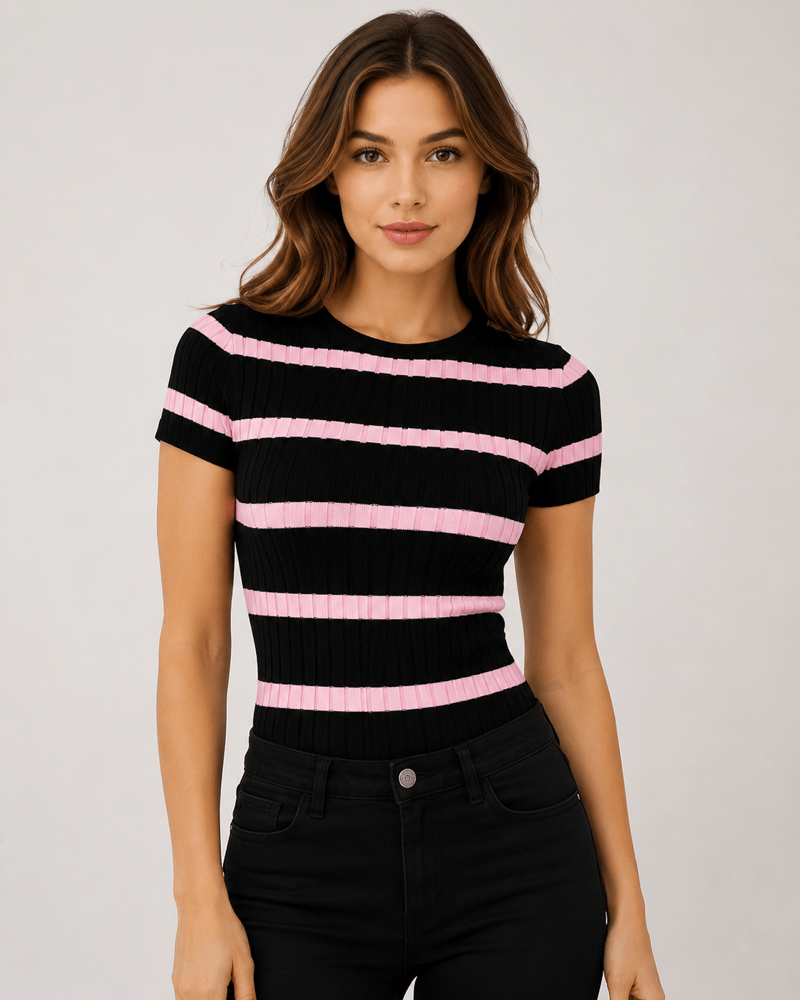 Women's Ribbed Crew Neck T-Shirt Slim Fit Textured Casual Everyday Top - Edin London