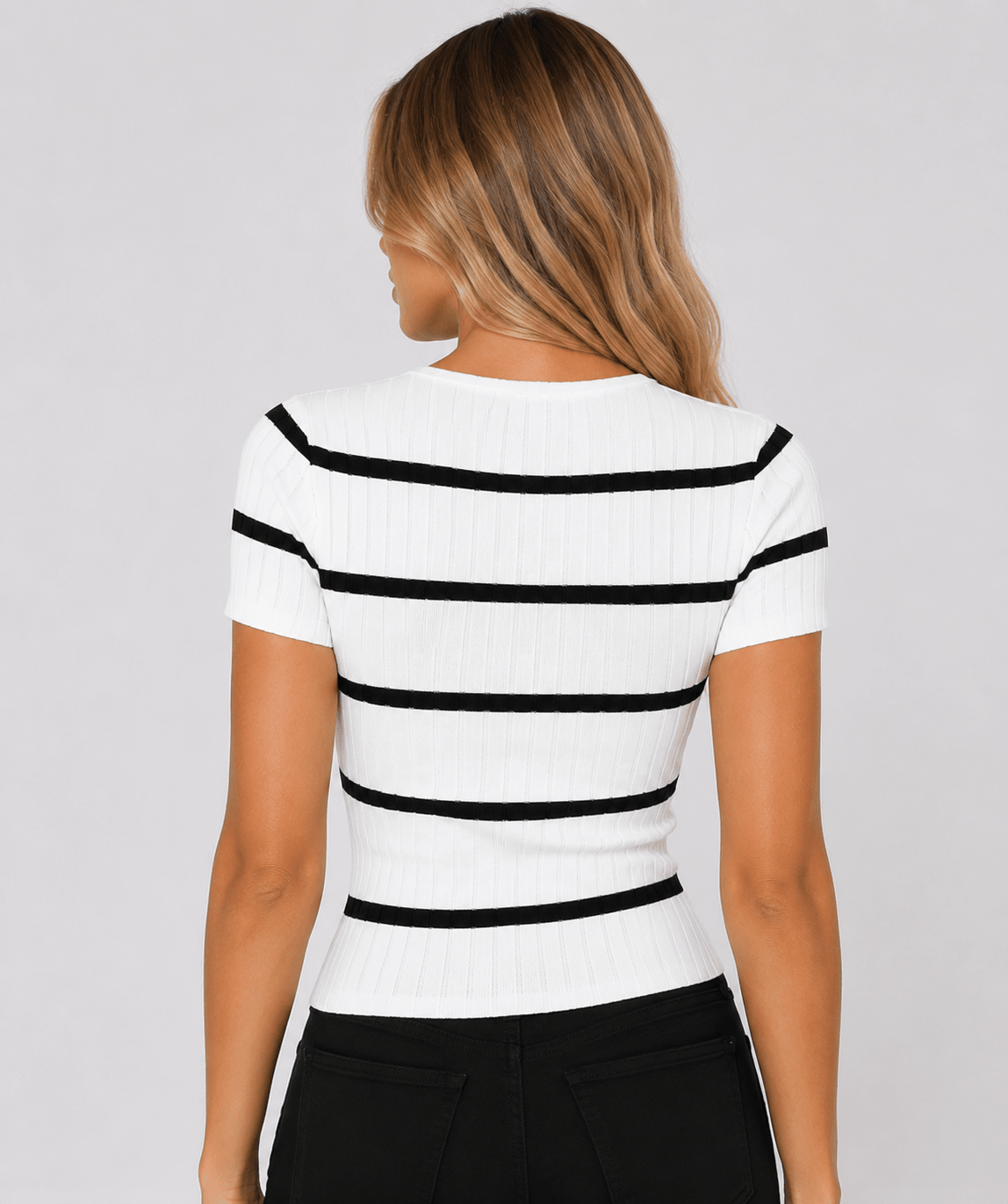 Women's Ribbed Crew Neck T-Shirt Slim Fit Textured Casual Everyday Top - Edin London