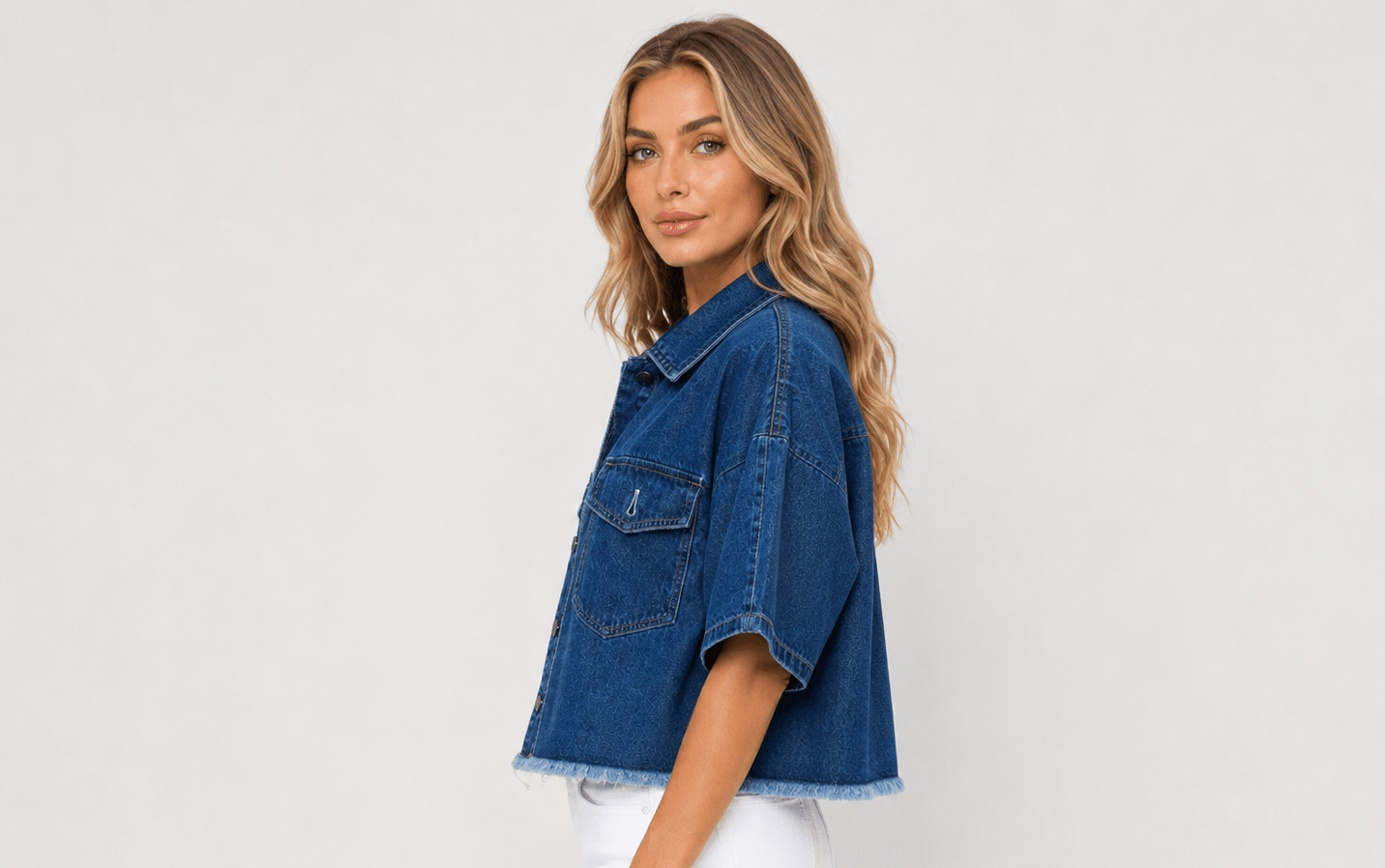 Women's Short-Sleeve Denim Jacket Summer Frayed Hem Denim - Edin London