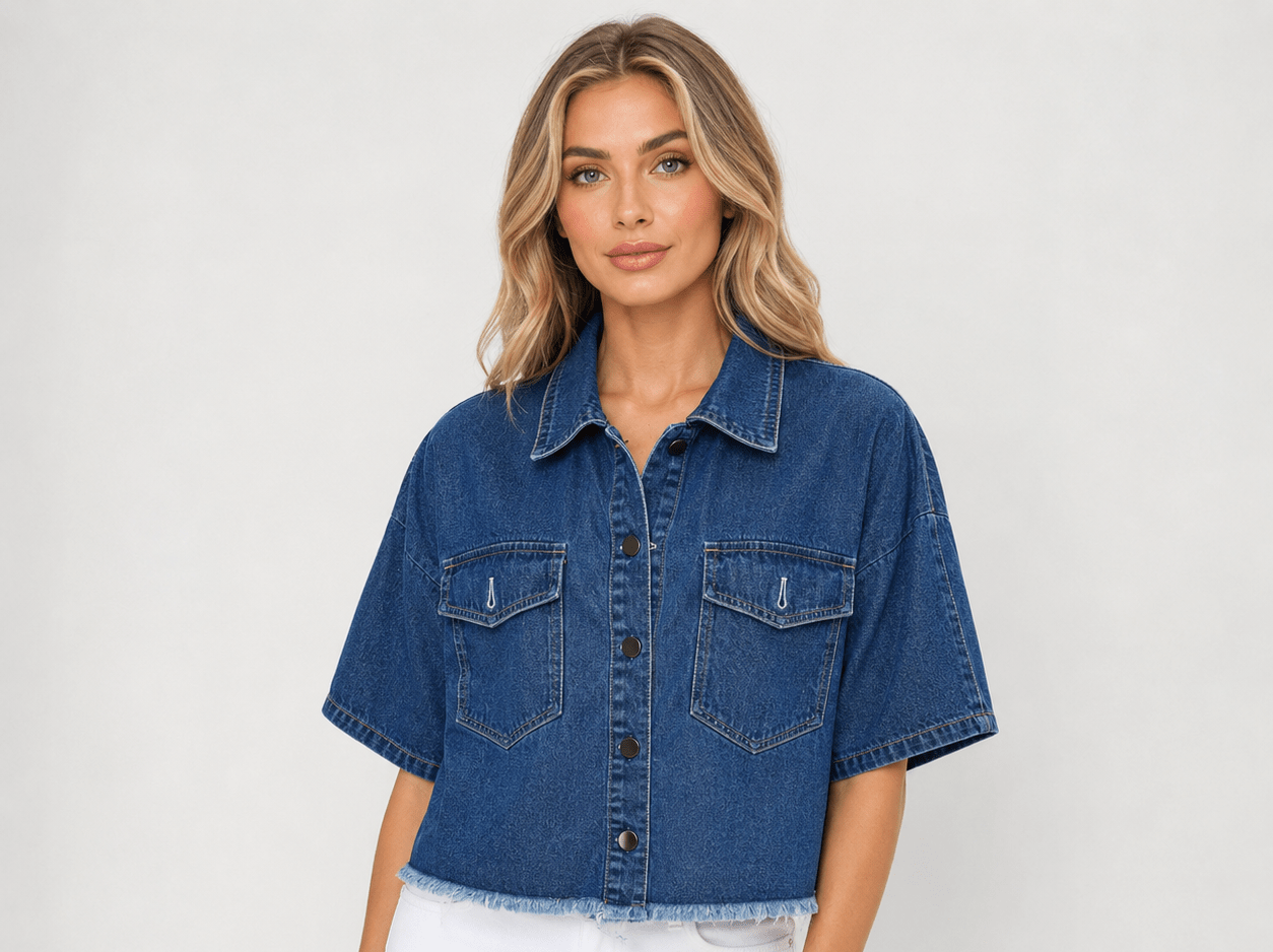 Women's Short-Sleeve Denim Jacket Summer Frayed Hem Denim - Edin London