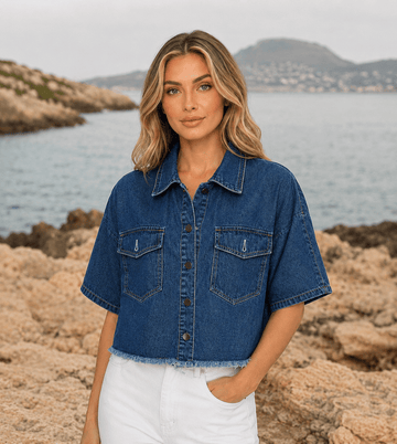 Women's Short-Sleeve Denim Jacket Summer Frayed Hem Denim - Edin London