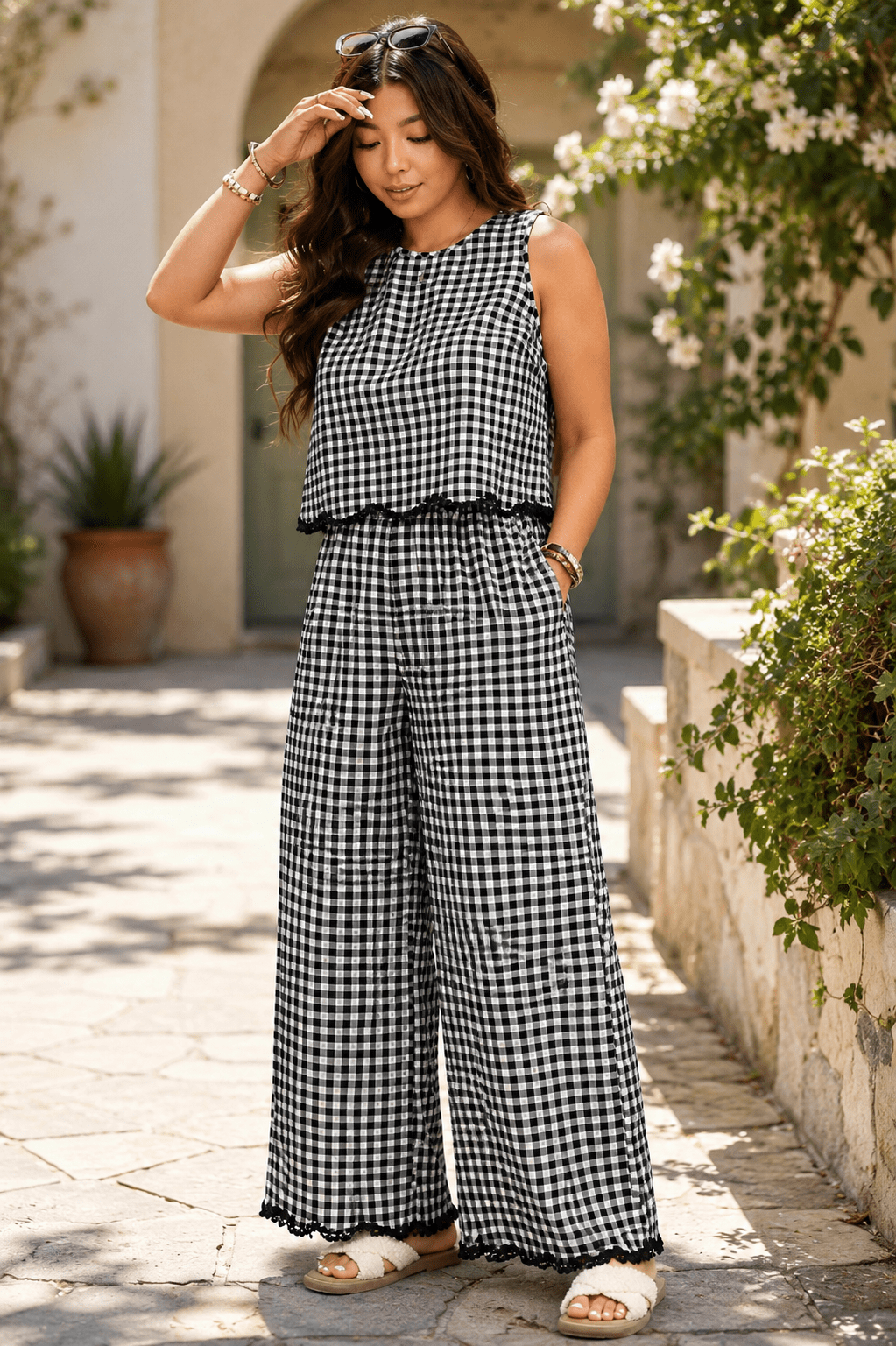 Women's Sleeveless Tank Top & Wide Leg Trousers Co-Ord Set Casual Two Piece Lounge & Travel Outfit - Edin London