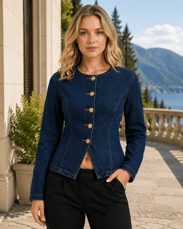 Women's Slim Fit Button Front Denim Jacket Long Sleeve Round Neck Dark Wash Casual Jean Jacket - Edin London