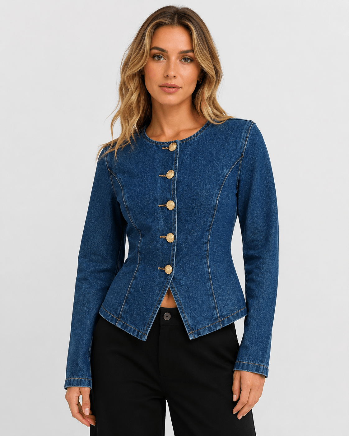 Women's Slim Fit Button Front Denim Jacket Long Sleeve Round Neck Dark Wash Casual Jean Jacket - Edin London