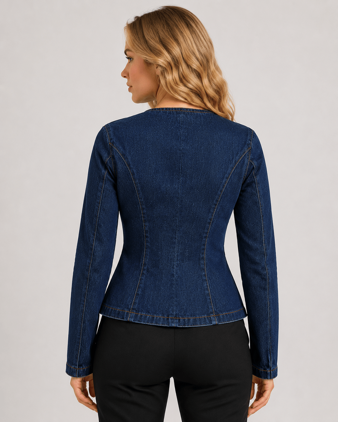 Women's Slim Fit Button Front Denim Jacket Long Sleeve Round Neck Dark Wash Casual Jean Jacket - Edin London