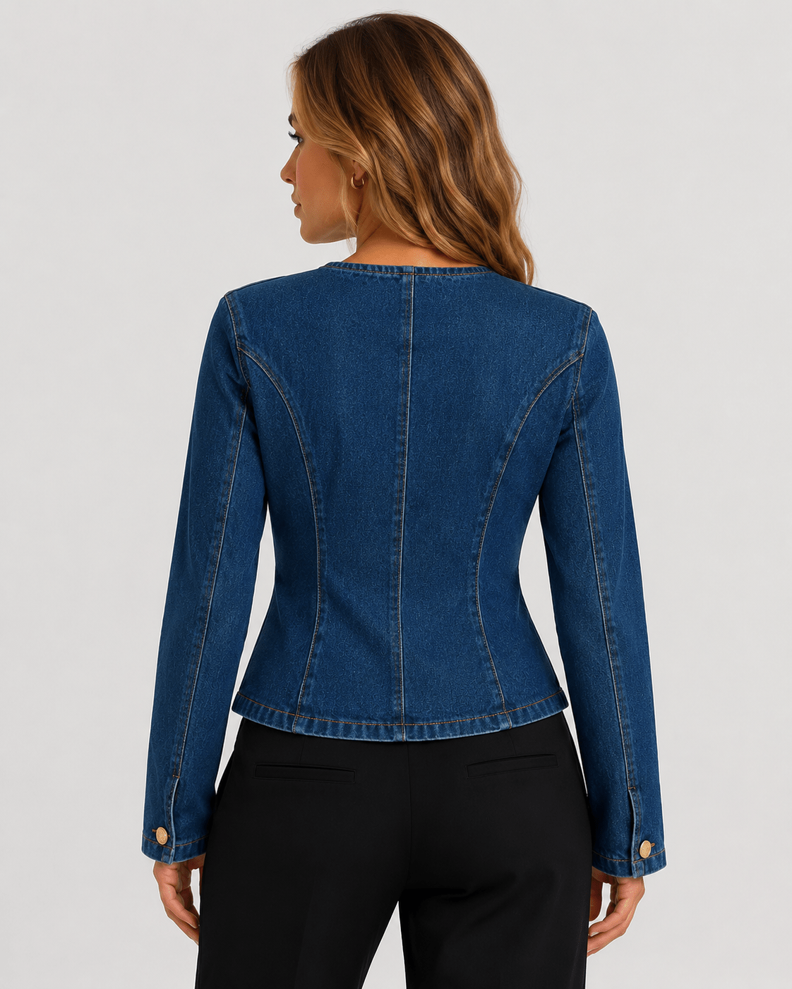 Women's Slim Fit Button Front Denim Jacket Long Sleeve Round Neck Dark Wash Casual Jean Jacket - Edin London