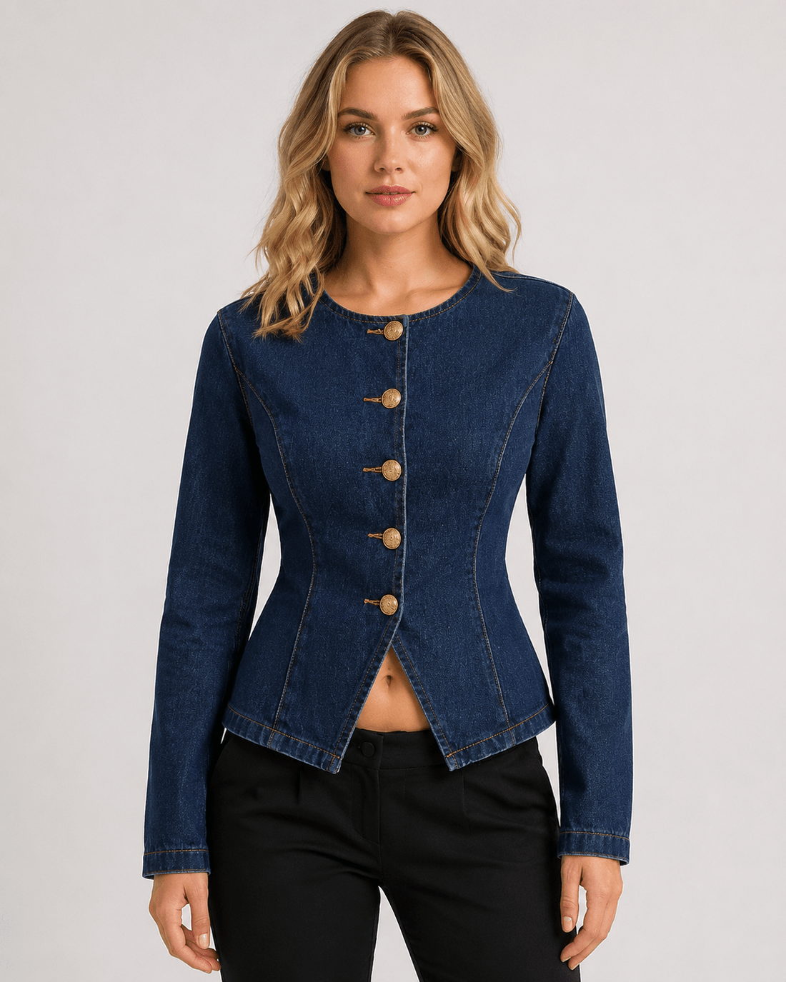 Women's Slim Fit Button Front Denim Jacket Long Sleeve Round Neck Dark Wash Casual Jean Jacket - Edin London