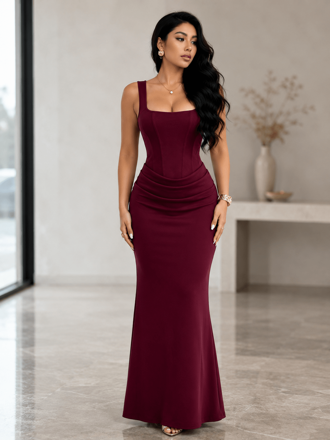 Women's Square Neck Bodycon Mermaid Maxi Dress Evening Gown - Edin London