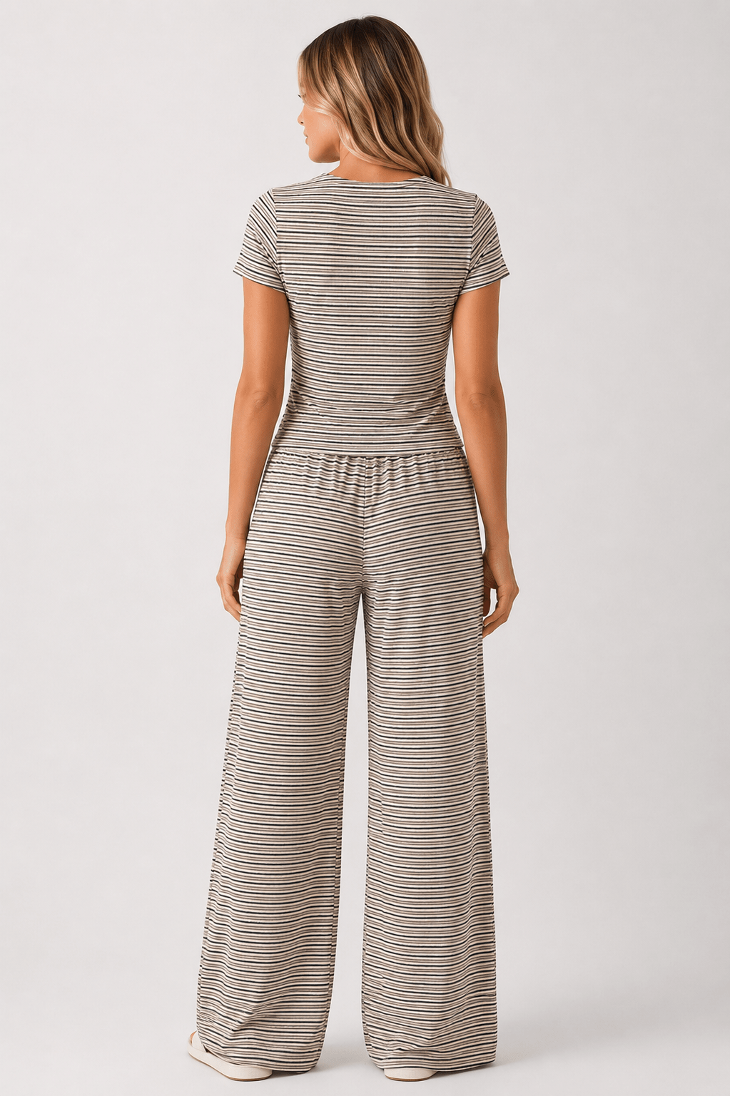 Women's Striped Button Front Top & Wide Leg Trousers Co-Ord Set Casual Lounge Two Piece Outfit - Edin London