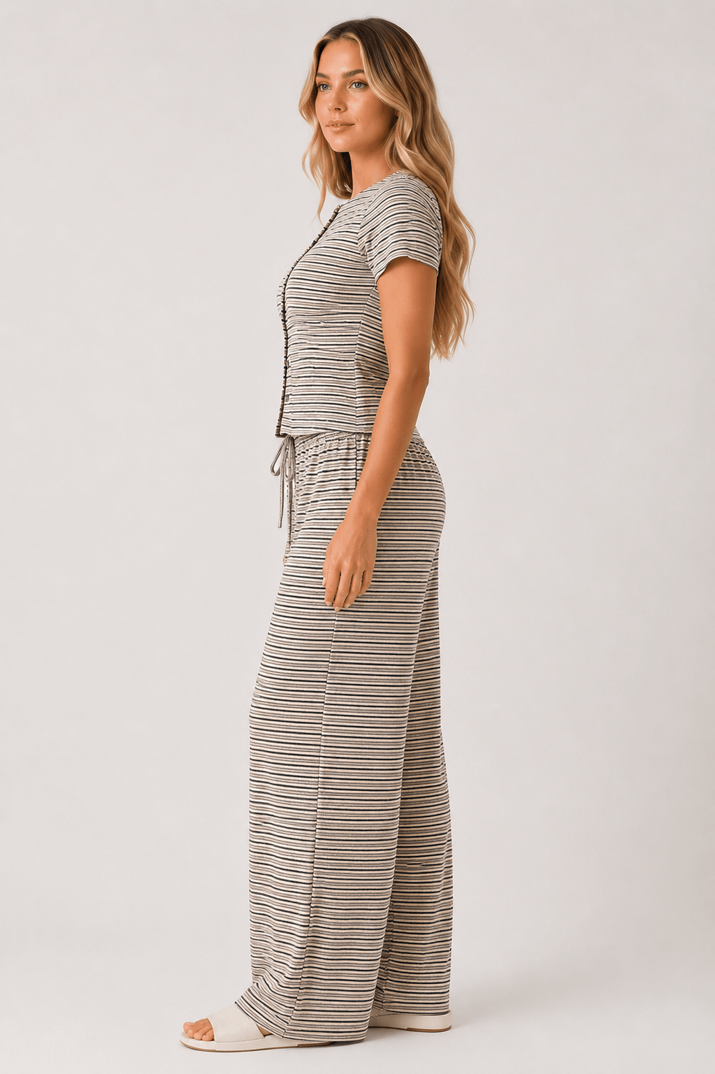 Women's Striped Button Front Top & Wide Leg Trousers Co-Ord Set Casual Lounge Two Piece Outfit - Edin London
