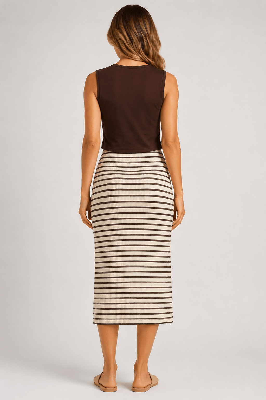 Women's Striped Button Front Vest & Body con Midi Skirt Cord Set Elegant Summer Two Piece Outfit - Edin London