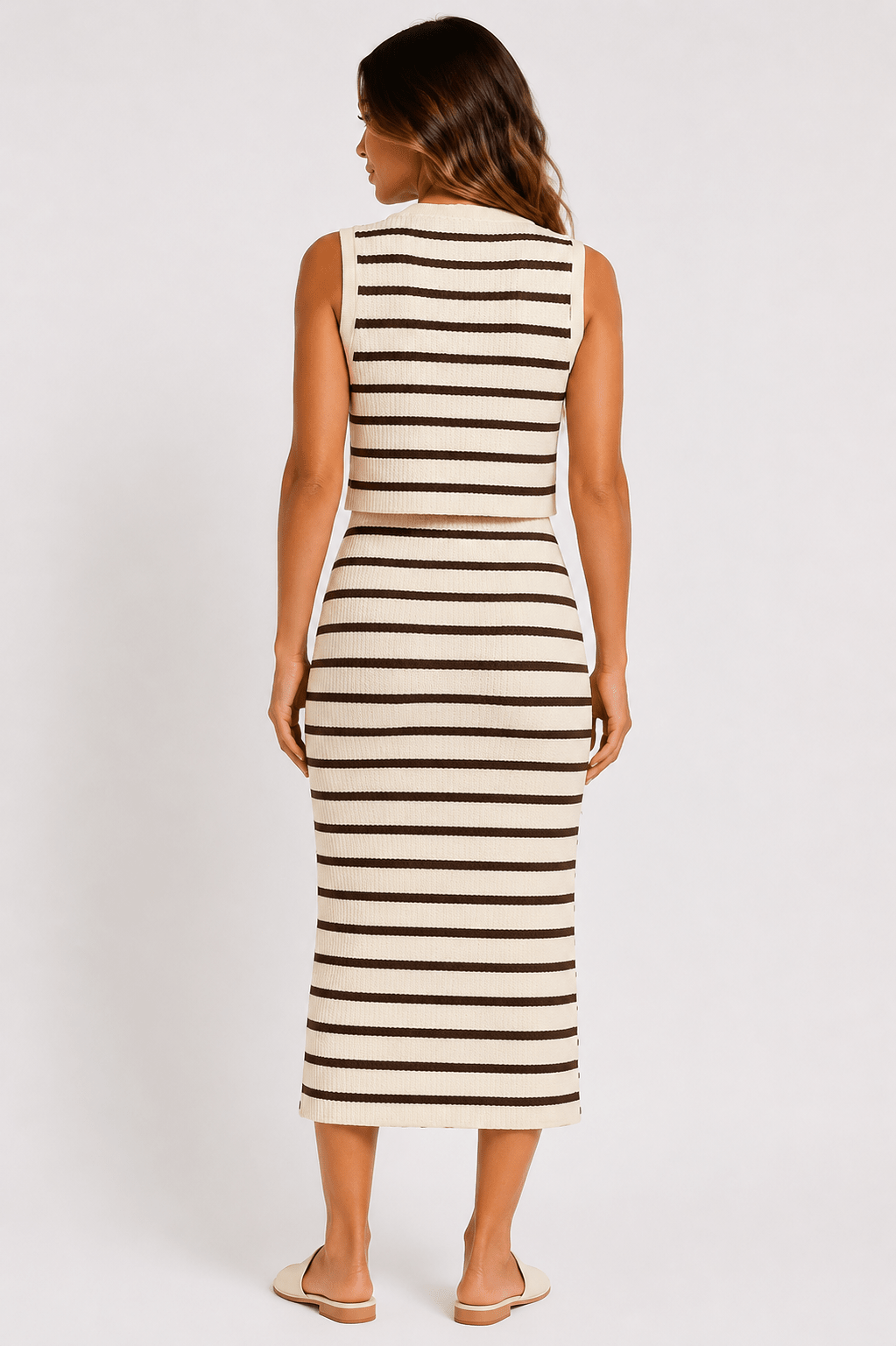Women's Striped Button Front Vest & Body con Midi Skirt Cord Set Elegant Summer Two Piece Outfit - Edin London