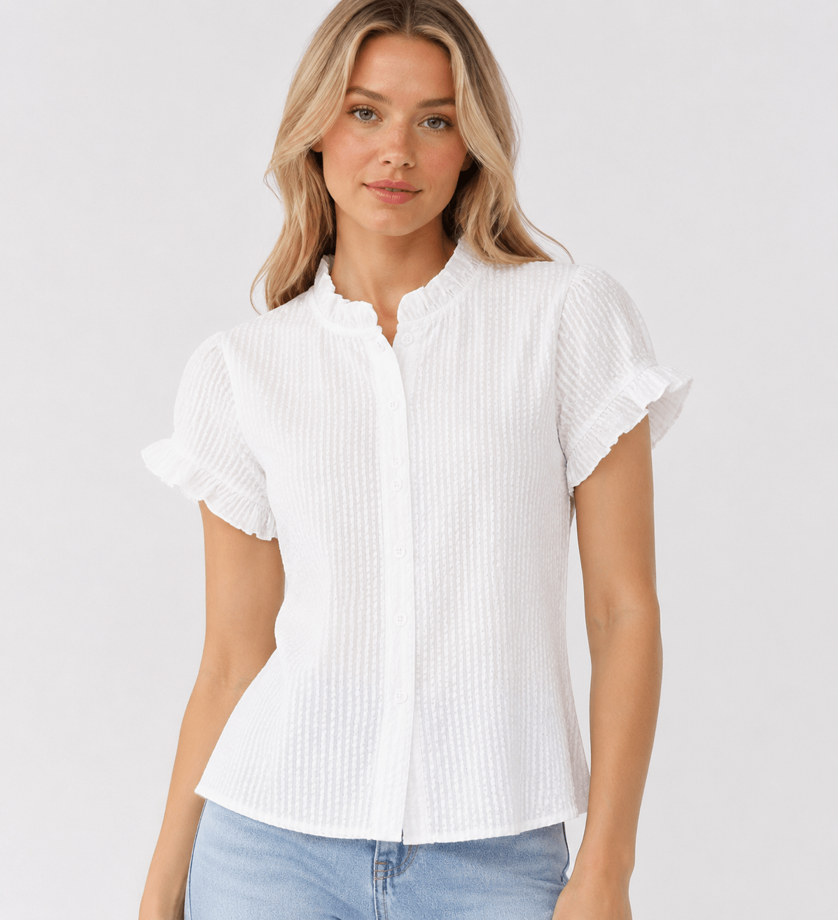 Women's Striped Frill Trim Blouse Short Sleeve Button Up Casual Summer Shirt - Edin London
