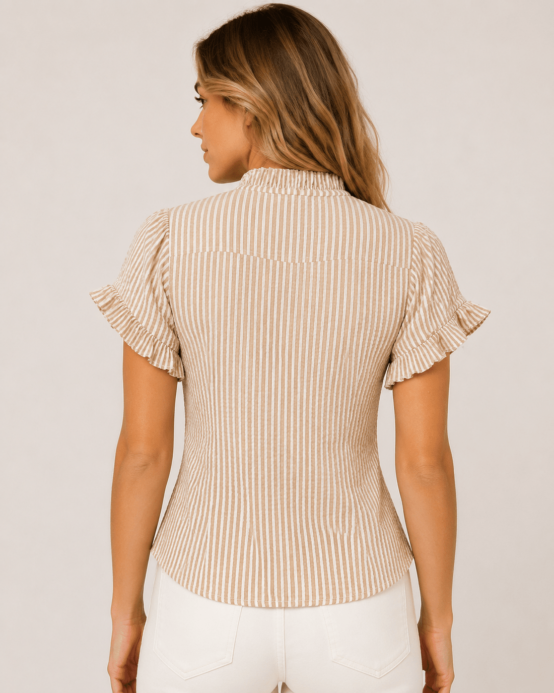 Women's Striped Frill Trim Blouse Short Sleeve Button Up Casual Summer Shirt - Edin London