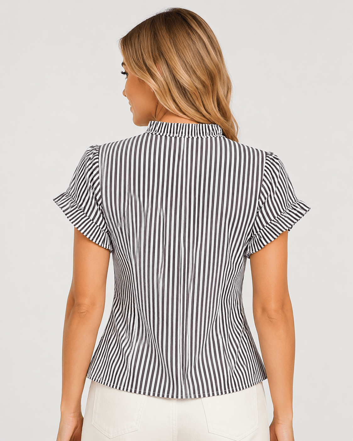 Women's Striped Frill Trim Blouse Short Sleeve Button Up Casual Summer Shirt - Edin London