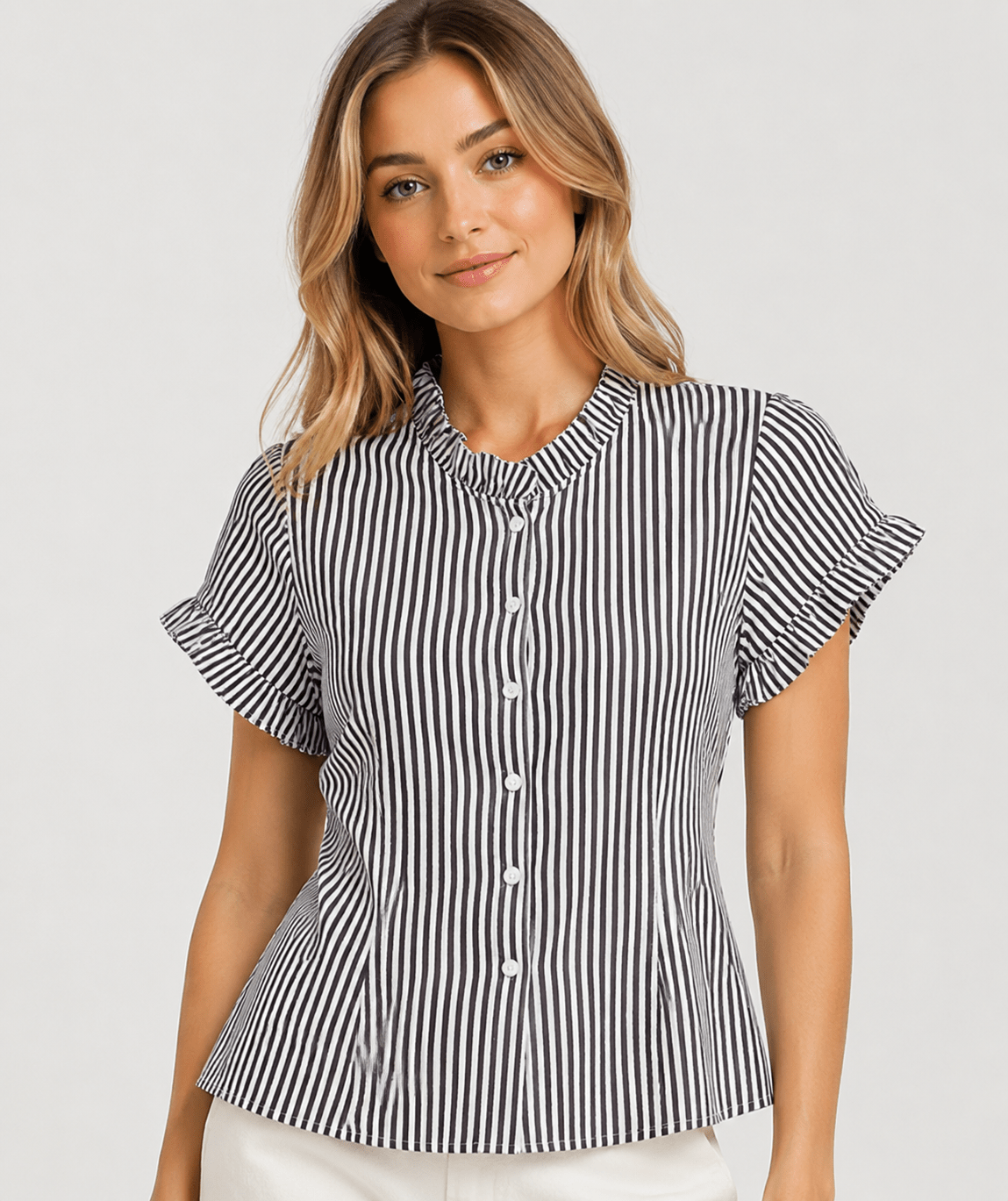 Women's Striped Frill Trim Blouse Short Sleeve Button Up Casual Summer Shirt - Edin London