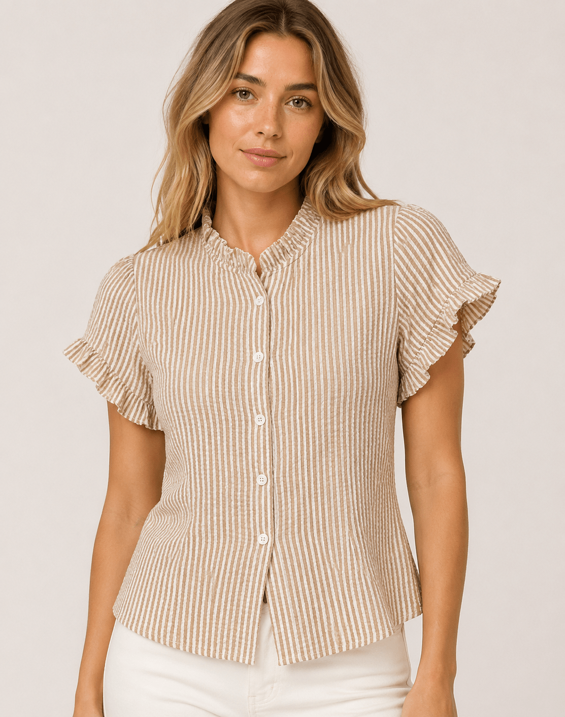 Women's Striped Frill Trim Blouse Short Sleeve Button Up Casual Summer Shirt - Edin London