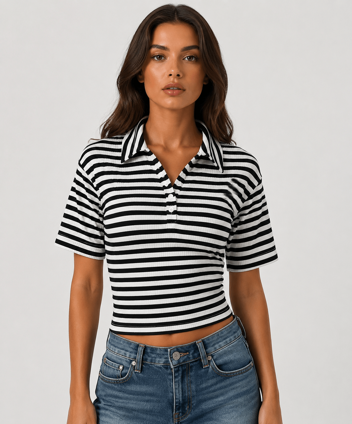 Women's Striped Polo Collar Knit T-Shirt – Slim Fit Casual Top - Edin London