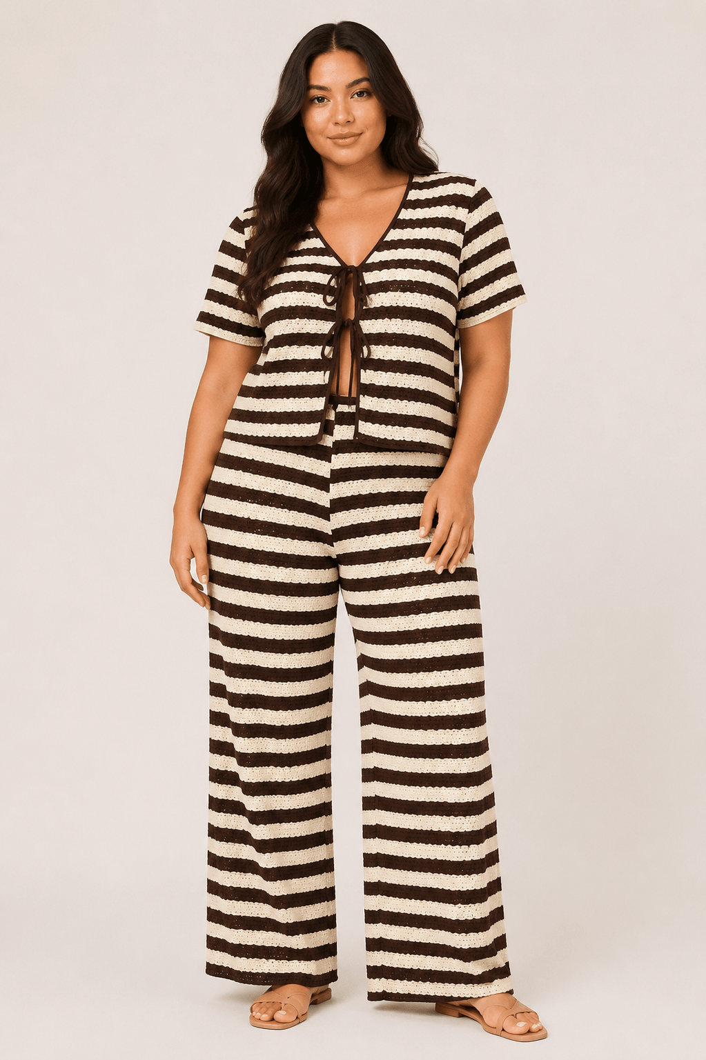 Women's Striped Tie Front Top & Wide Leg Pants Set Casual Holiday Two Piece Outfit - Edin London