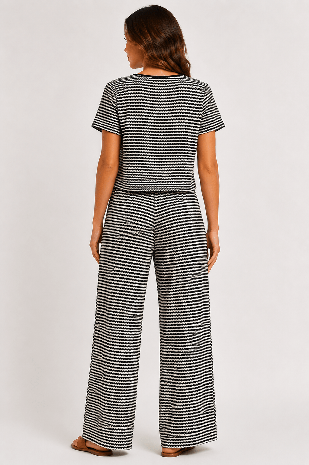 Women's Striped Tie Front Top & Wide Leg Pants Set Casual Holiday Two Piece Outfit - Edin London