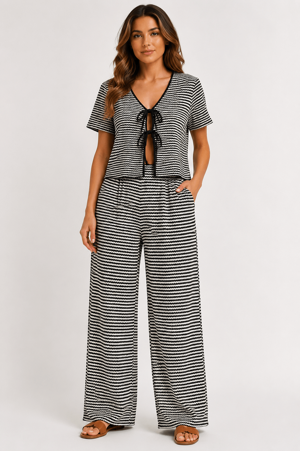 Women's Striped Tie Front Top & Wide Leg Pants Set Casual Holiday Two Piece Outfit - Edin London