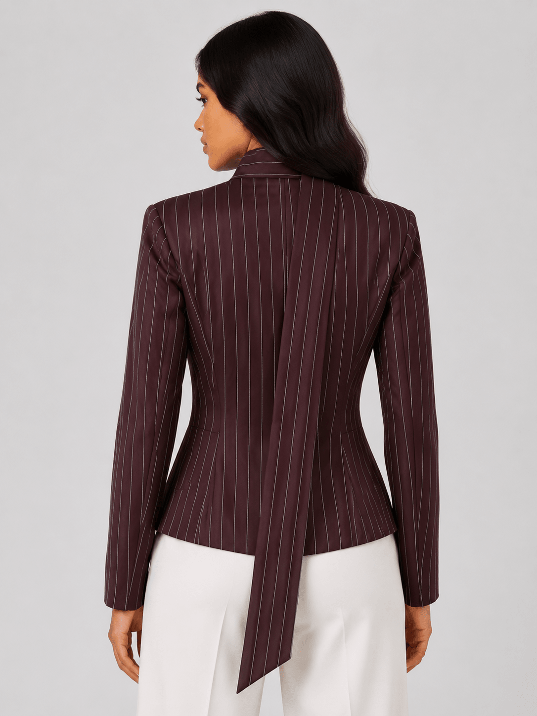 Women's Striped Tie Neck Blazer Elegant V-Neck Long Sleeve Office & Smart Casual Jacket - Edin London