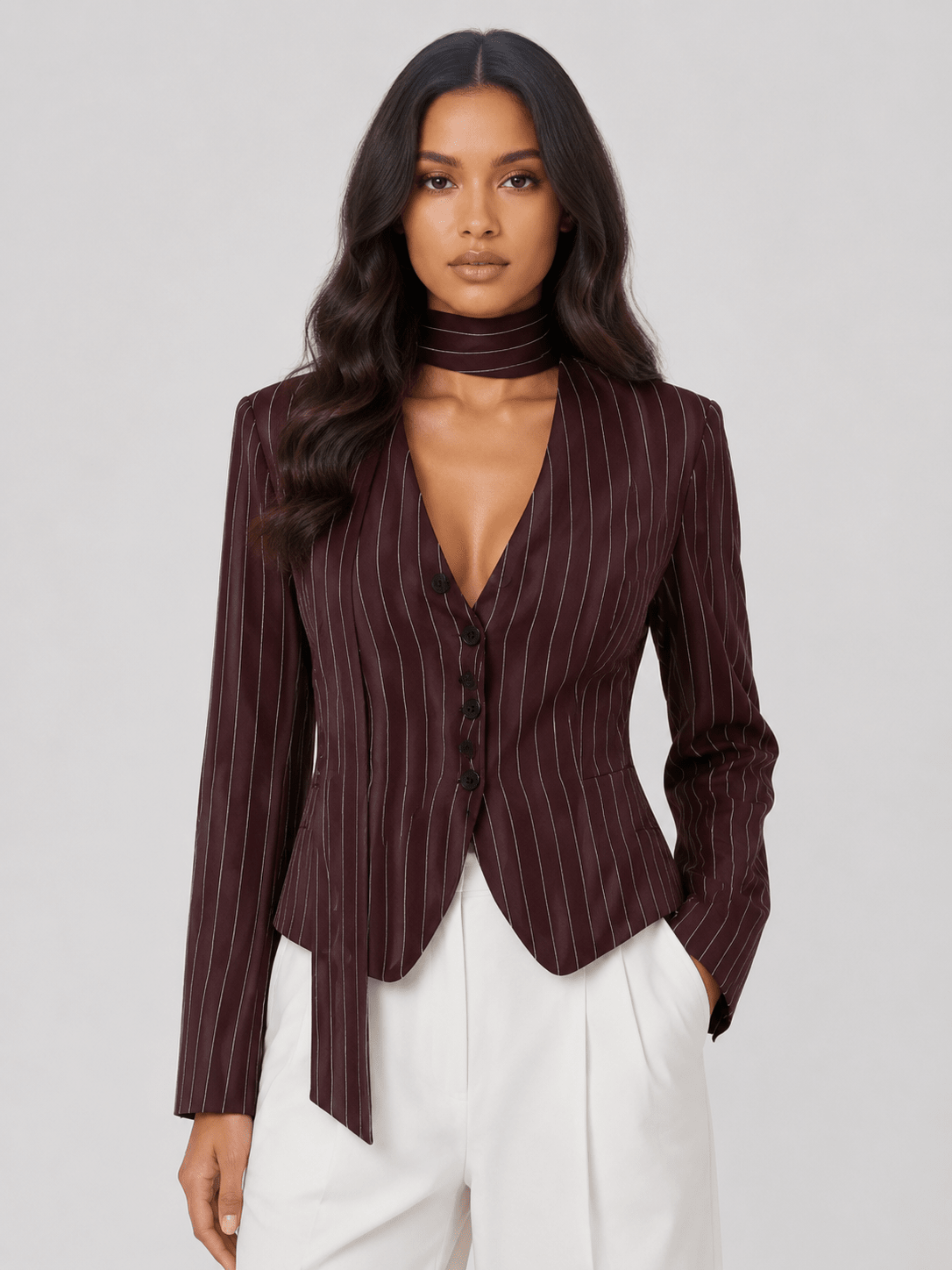 Women's Striped Tie Neck Blazer Elegant V-Neck Long Sleeve Office & Smart Casual Jacket - Edin London