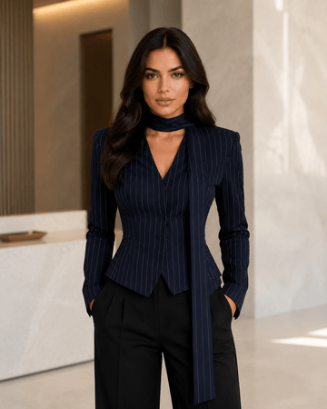 Women's Striped Tie Neck Blazer Elegant V-Neck Long Sleeve Office & Smart Casual Jacket - Edin London
