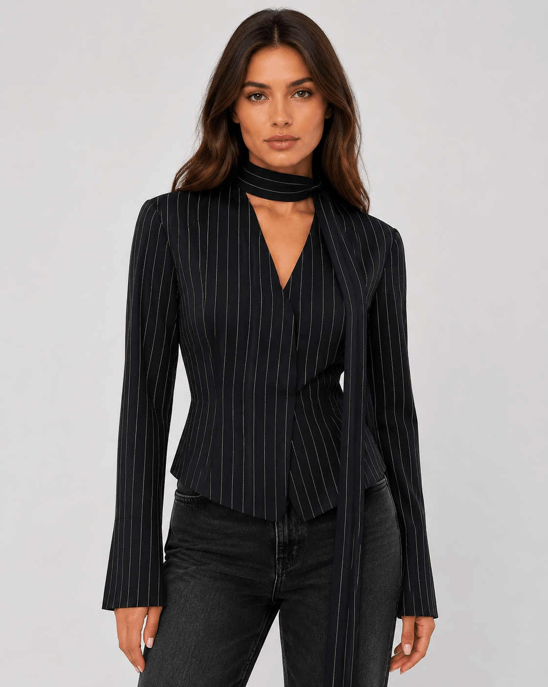 Women's Striped Tie Neck Blazer Elegant V-Neck Long Sleeve Office & Smart Casual Jacket - Edin London