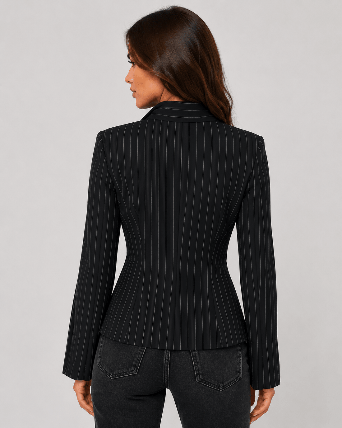 Women's Striped Tie Neck Blazer Elegant V-Neck Long Sleeve Office & Smart Casual Jacket - Edin London