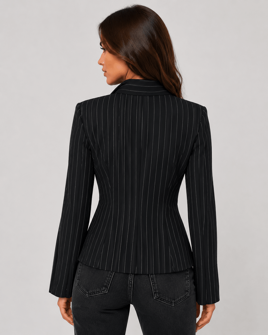 Women's Striped Tie Neck Blazer Elegant V-Neck Long Sleeve Office & Smart Casual Jacket - Edin London