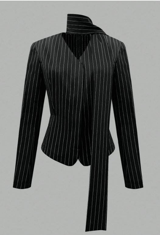 Women's Striped Tie Neck Blazer Elegant V-Neck Long Sleeve Office & Smart Casual Jacket - Edin London